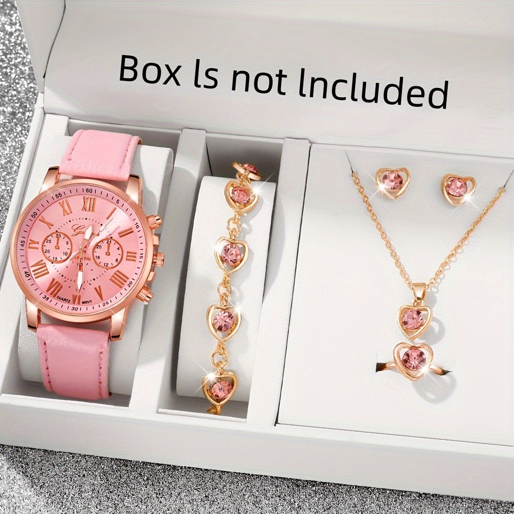 Elegant 6pcs Women's Fashion Quartz Watch Set with Heart Pendant