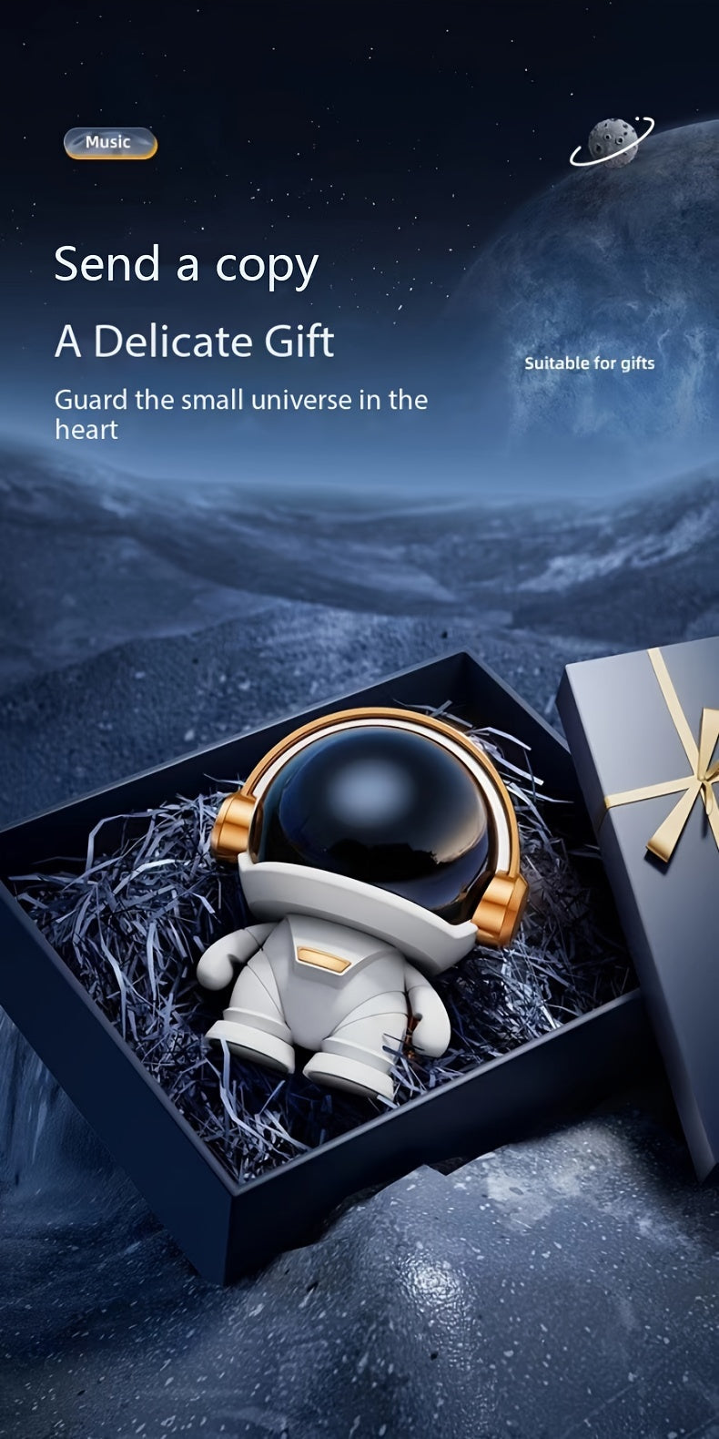 FOUBEAK Cute Astronaut Small Speaker, Small Wireless Portable Outdoor Speaker with Light, Home Party Office Decoration Subwoofer (White Light)